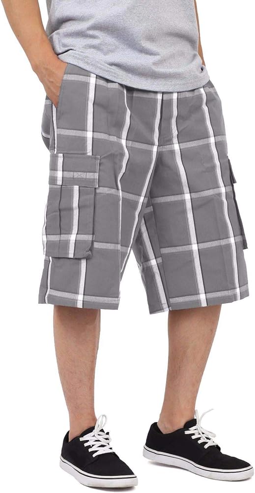 Shaka Wear Men's Cargo Shorts – Casual Plaid Relaxed Loose Fit Elastic Waist Multi Pocket Pants Regular Big S~5XL