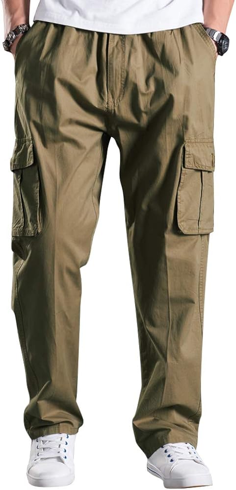 Men's Elastic Waist Cargo Pants,Casual Loose Fit Lightweight Workwear Pull On Pants