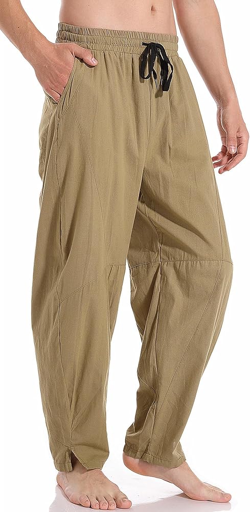 AITFINEISM Mens Cotton Linen Pants Elastic Drawstring Waist Lightweight Summer Beach Pants