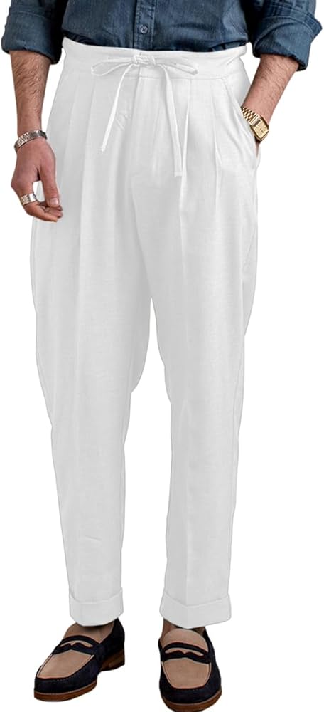 Mens Linen Beach Pants Lightweight Drawstring Elastic Waist Retro Summer Casual Trousers