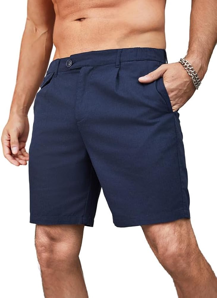 JMIERR Mens Casual Cotton Linen Shorts Stretch Elastic Waistband Classic Fit Lightweight Summer Beach Short with Pockets