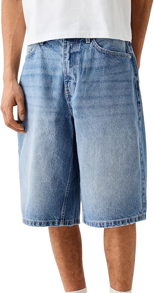 Mens Loose Denim Shorts Baggy Casual Wide Leg Mid Jean Shorts Zipper Hip Hop Shorts with Pockets Streetwear