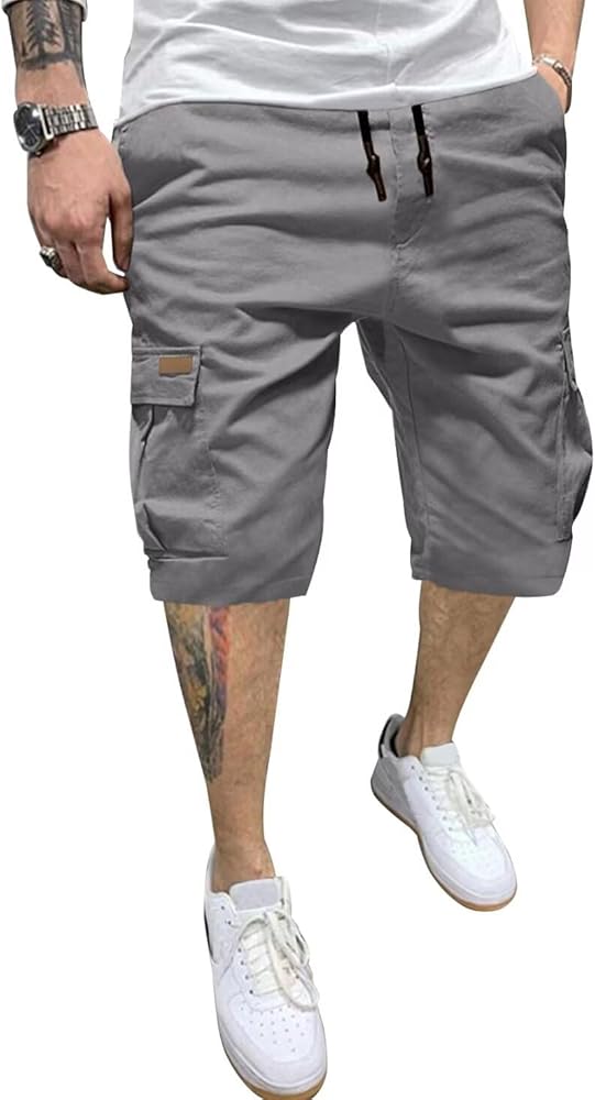 Mens Cargo Shorts Casual Waist Elastic Drawstring Outdoor Golf Shorts with 6 Pockets