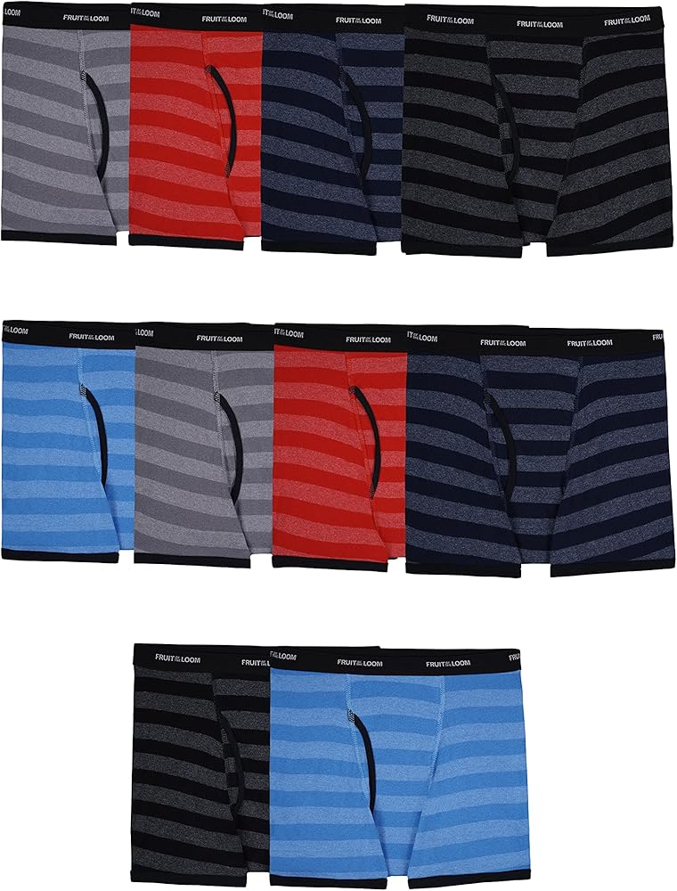 Fruit Of The Loom Mens Cotton Boxer Brief Underwear Traditional Fly Stripes Assorted SM (6-8 Little Kid/Big Kid), Small, Pack of 10