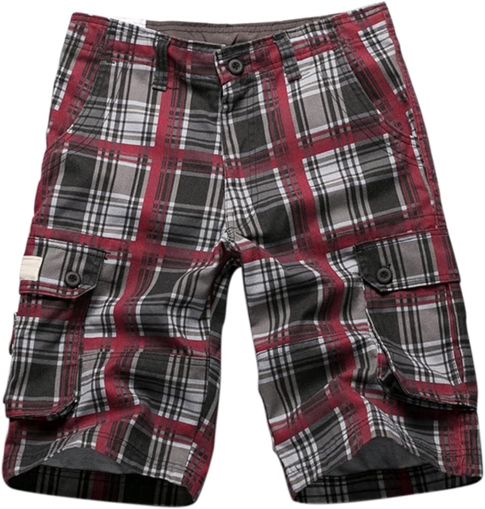 Men's Shorts Cargo Summer Multi Pocket Plaid Solid Shorts Casual Shorts for Men, Red, 34