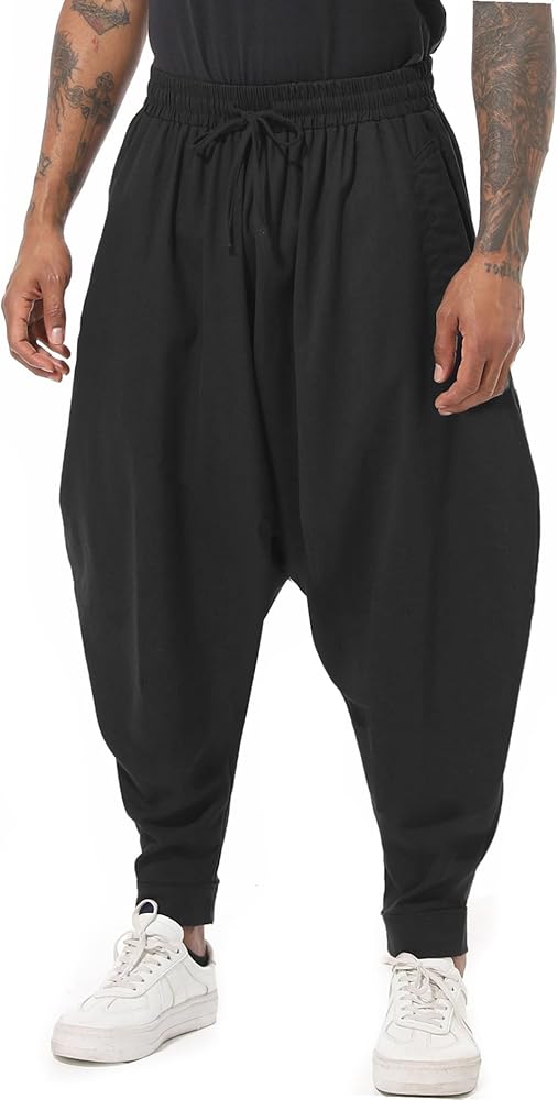 Mens Casual Harem Pants Baggy Aladdin Hippie Elastic Waist Drop Crotch Trousers