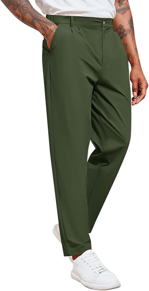 Runcati Mens Dress Pants Slim Fit Elastic Waist Flat Front Casual Slacks