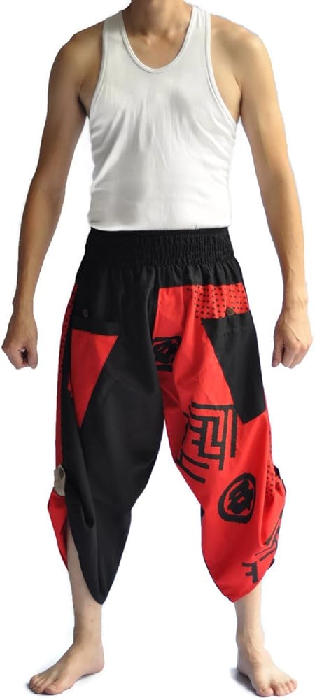 Men's Japanese Style Pants One Size Black Japanese Design (Black and red)