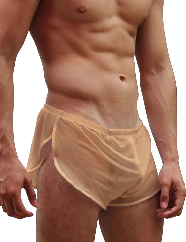 Mens Mesh Shorts See Through with Large Split Sides Active Boxers Underwear