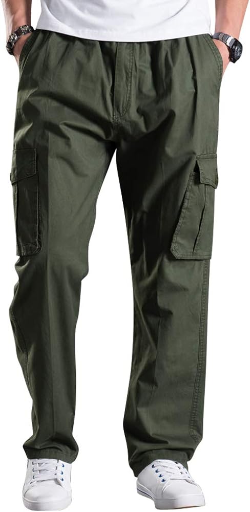 Men's Elastic Waist Cargo Pants,Casual Loose Fit Lightweight Workwear Pull On Pants