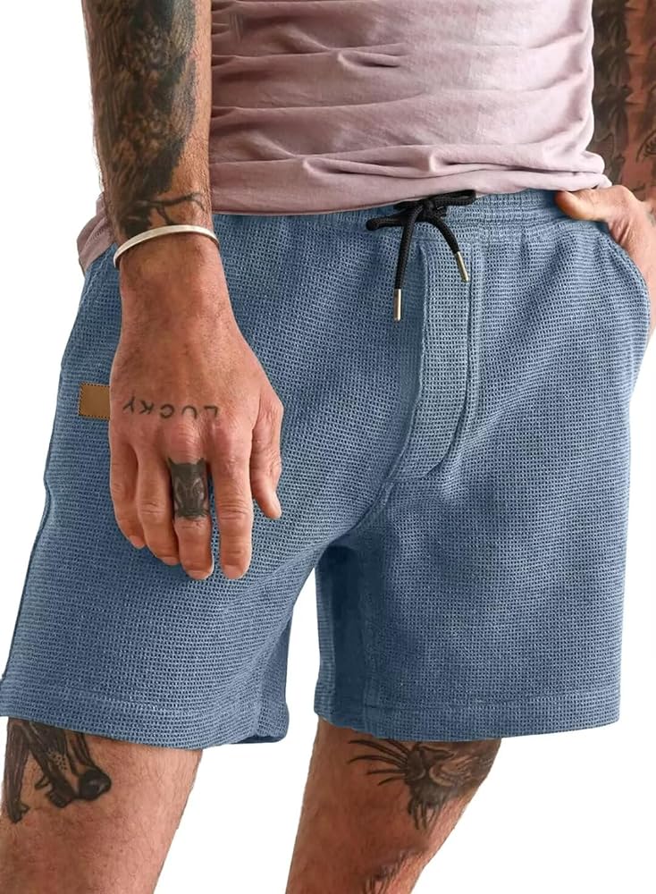 Mens Sweat Shorts Casual Waffle Elastic Waist Summer Beach Shorts with Pockets