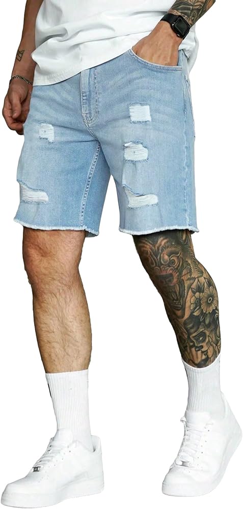 Verdusa Men's Raw Trim Ripped Straight Leg Casual Denim Shorts