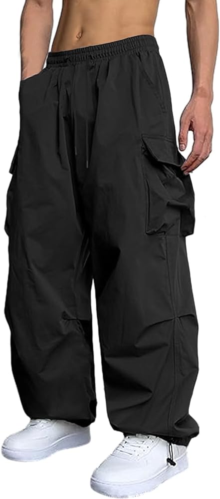 Men's Casual Cargo Pants Elastic Waist Drawstring Street Hip Hop Trousers with Pockets