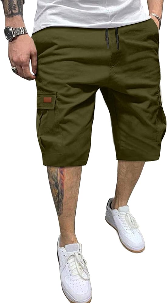 HUNGSON Men's Cargo Shorts Elastic Waist Relaxed Fit Cotton Casual Outdoor Lightweight Work Shorts with Multi Pockets