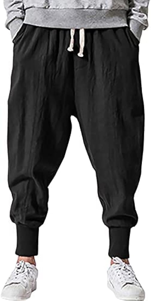 Pengfei Mens Linen Harem Pants Lightweight Drawstring Elastic Waist Baggy Joggers Casual Cargo Sweatpants Pant