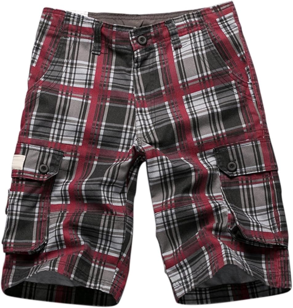 Men's Shorts Cargo Summer Multi Pocket Plaid Solid Shorts Casual Shorts for Men, Red, 36