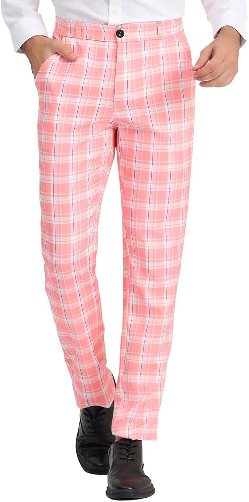 Lars Amadeus Men's Plaid Pants Regular Fit Flat Front Classic Elastic Waist Suit Pants