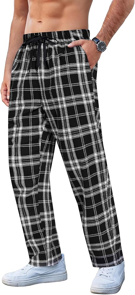 COOFANDY Men's Plaid Casual Pants Drawstring Lightweight Yoga Lounge Pants Soft Cotton Flannel Pajama Pants with Pockets