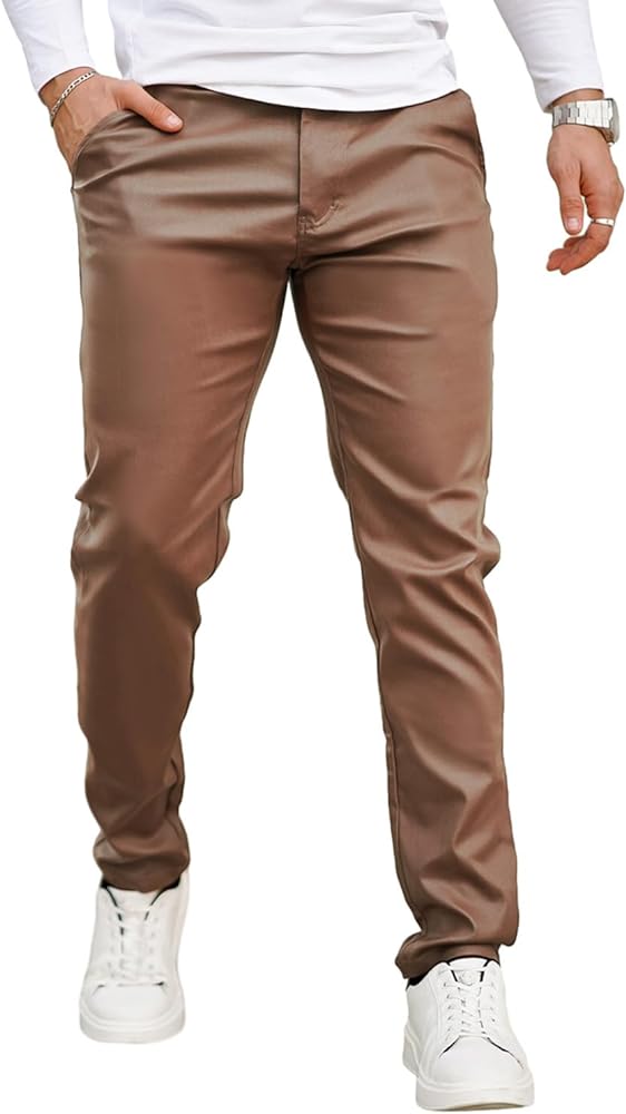 GINGTTO Mens Slim Fit Pants Stretch Pu Faux Leather Motorcycle Biker Pants