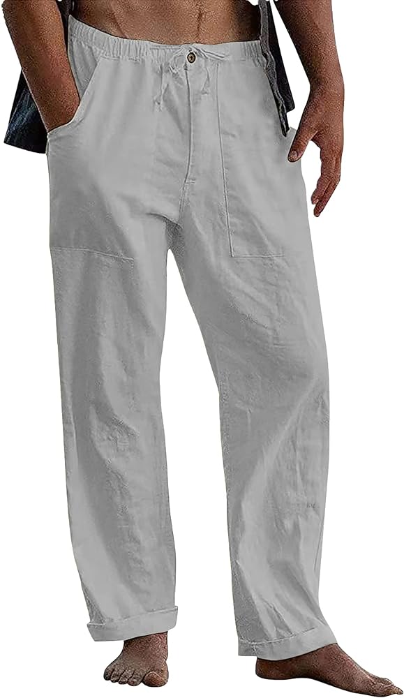 LVCBL Mens Linen Pants Elastic Waist Trousers Casual Drawstring Pants