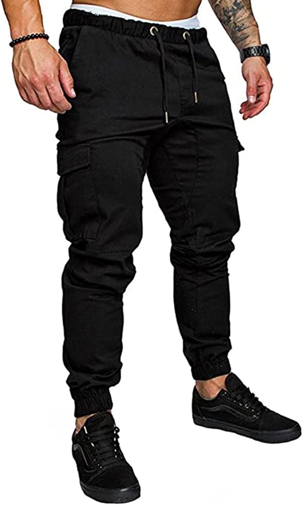 JMIERR Mens Fashion Cargo Pants - Casual Cotton Tapered Stretch Twill Drawstring Athletic Joggers Sweatpants with 6 Pockets