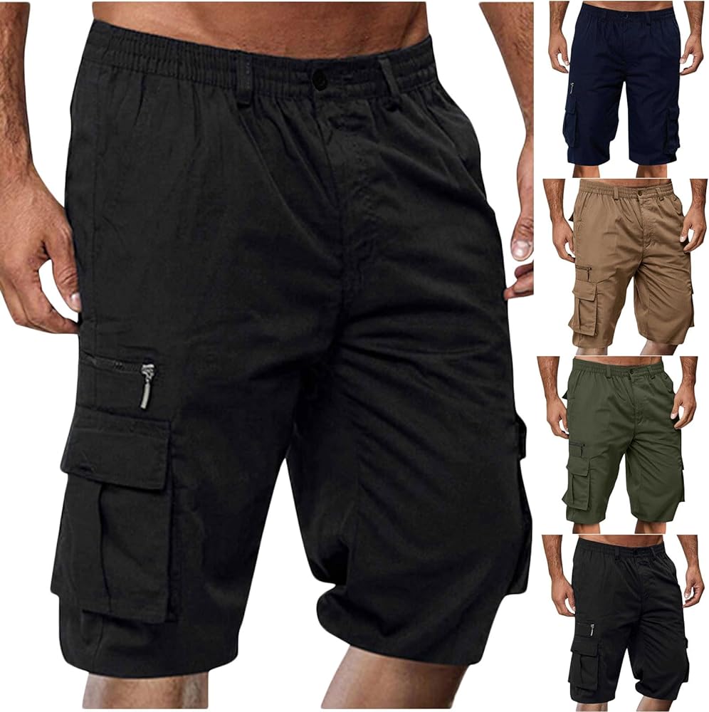 Mens Shorts Cargo, 2024 Elastic Waist Bermuda Shorts Summer Casual Loose Fit Multi Pockets Outdoor Jogger Short Cargos