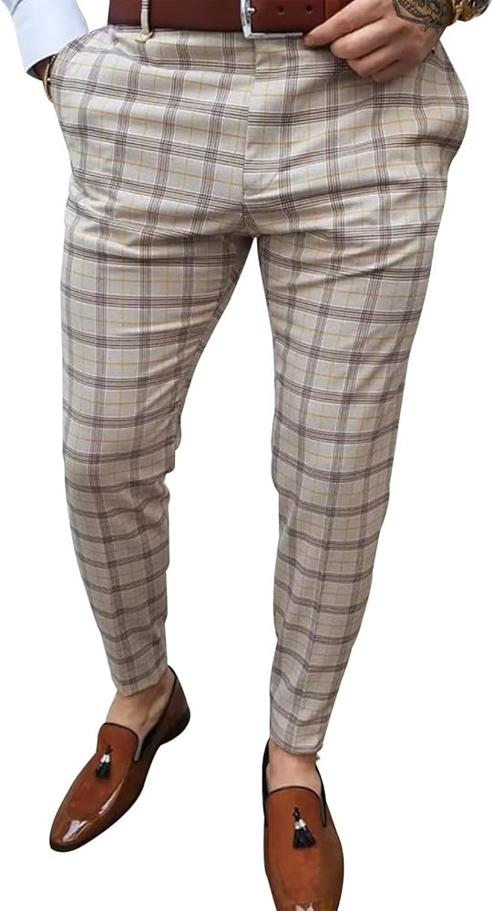 Men's Dress Pants Plaid Skinny Slim Fit Dress Pants Stretch Regular Fit Business Casual Fashion Golf Pencil Chinos Pants