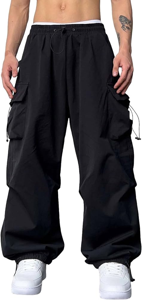 Men's Baggy Cargo Pants Casual Parachute Cargo Pants Loose Fit Hip Hop Harem Pants with Pockets