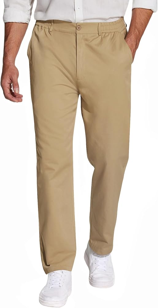 COOFANDY Mens Casual Slacks Relaxed Fit Cotton Chinos Pants Elastic Waistband Flat Front Khaki Pant