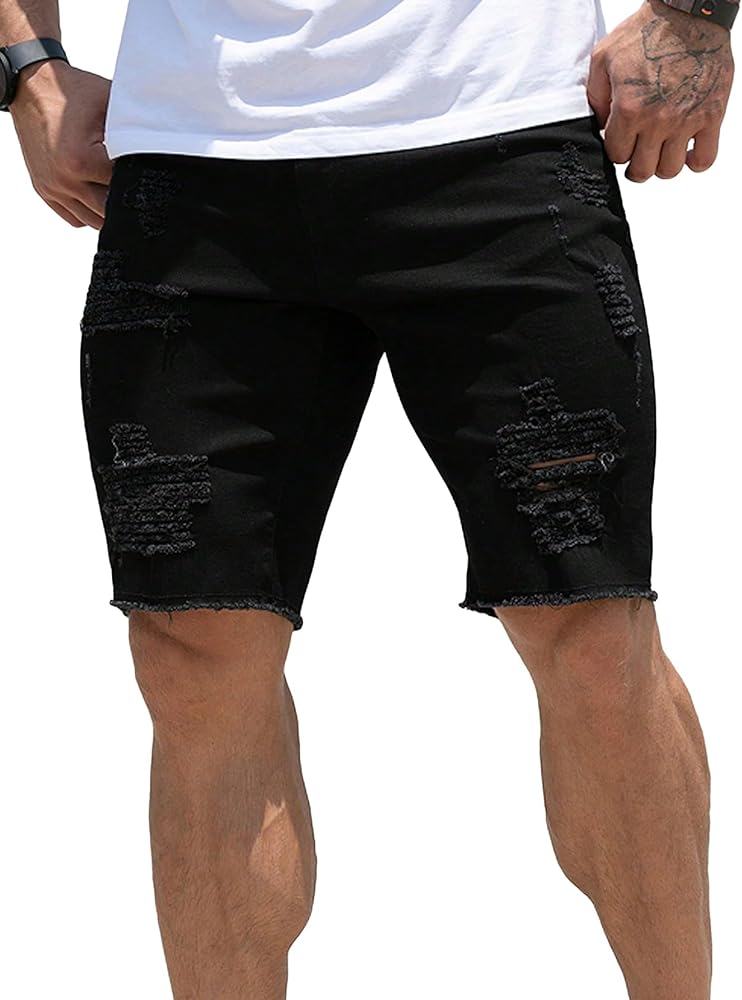 Verdusa Men's Straight Leg Ripped Raw Trim Denim Shorts