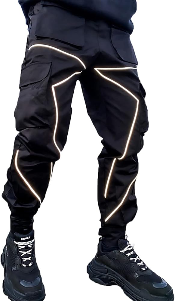 Men's Punk Rock Street Harem Pants, Reflective Technical Hip Hop Jogger Sport Pants