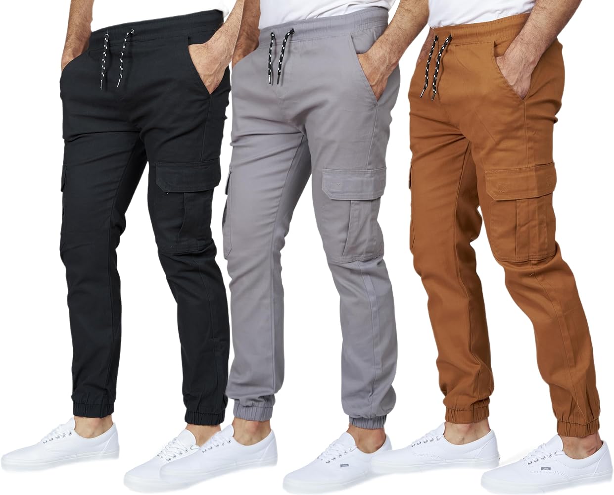 3 Pack Cargo Pants for Men - Relaxed Fit Twill Joggers with Elastic Waistband and Stretch Fabric - Casual Wear