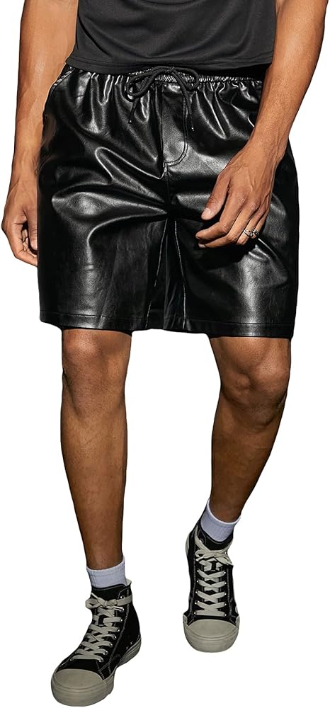 WDIRARA Men's PU Leather Drawstring Waist Wide Legs Shorts