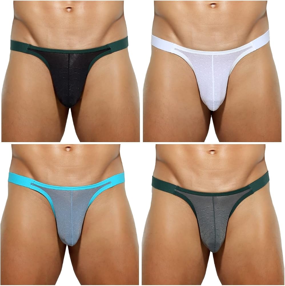 Casey Kevin Men's Sexy Breathable Mesh G-Strings Thong Bulge Pouch Tagless Underwear,4 Pack-Mutilcolor