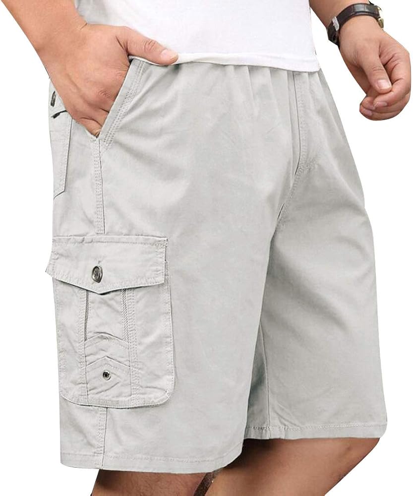 Mens Lightweight Cotton Loose Full Elastic Waist Twill Cargo Short with Drawstring