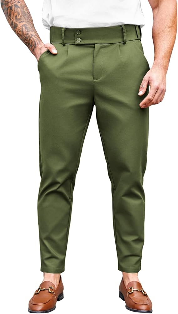 PASLTER Mens Chino Pants Slim Fit Flat Front Stretch Skinny Tapered Dress Pants Casual Trousers