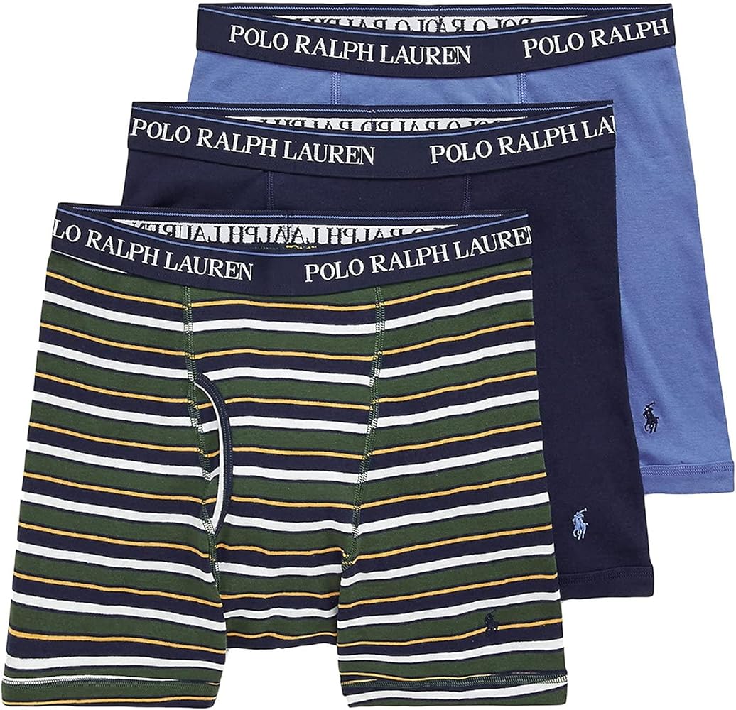 POLO RALPH LAUREN Classic Fit w/Wicking 3-Pack Boxer Briefs, Green Stripe/Deep Blue/Cruise Navy XL