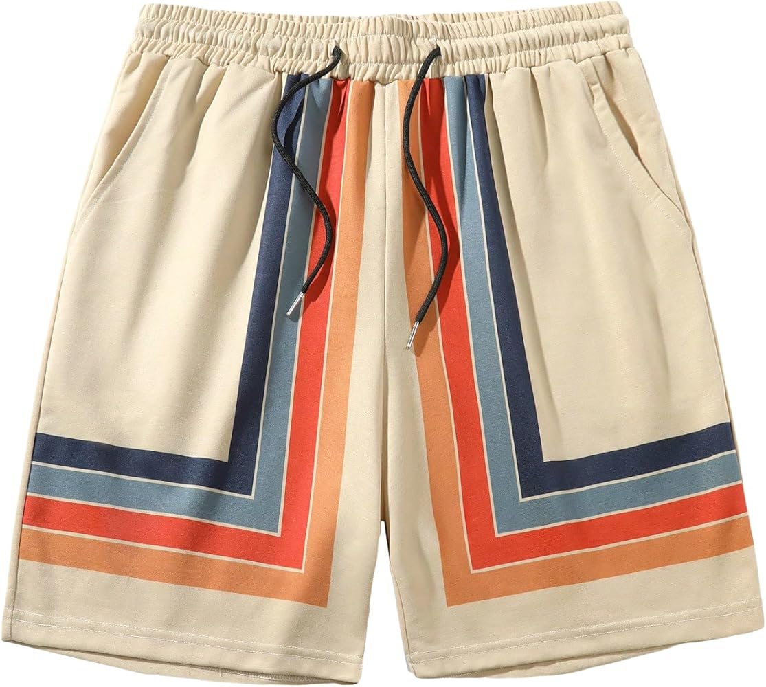 OYOANGLE Men's Striped Print Elastic Waist Tie Front Shorts Loose Track Shorts with Pocket