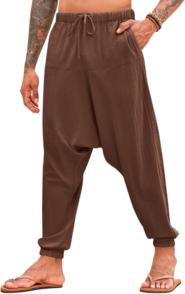 PASLTER Mens Harem Pants Baggy Casual Cotton Linen Boho Yoga Drop Crotch Hippie Trousers