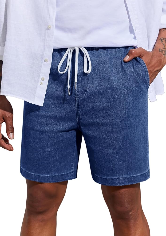 Runcati Mens Casual Jean Shorts Cotton Summer Beach Elastic Waist Drawstring Stretch Denim Shorts