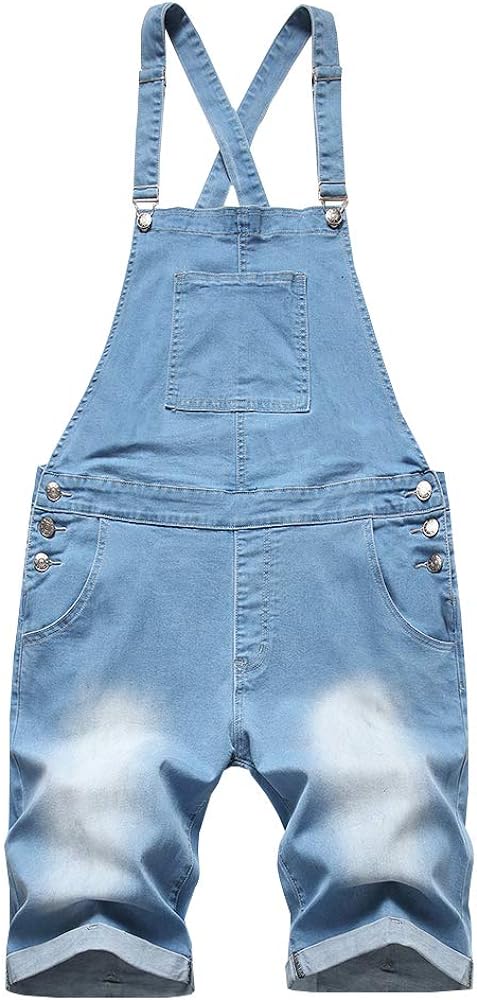 LONGBIDA Mens Denim Shorts Bib Overalls Jeans Casual Walkshort Summer Jumpsuit with Pockets