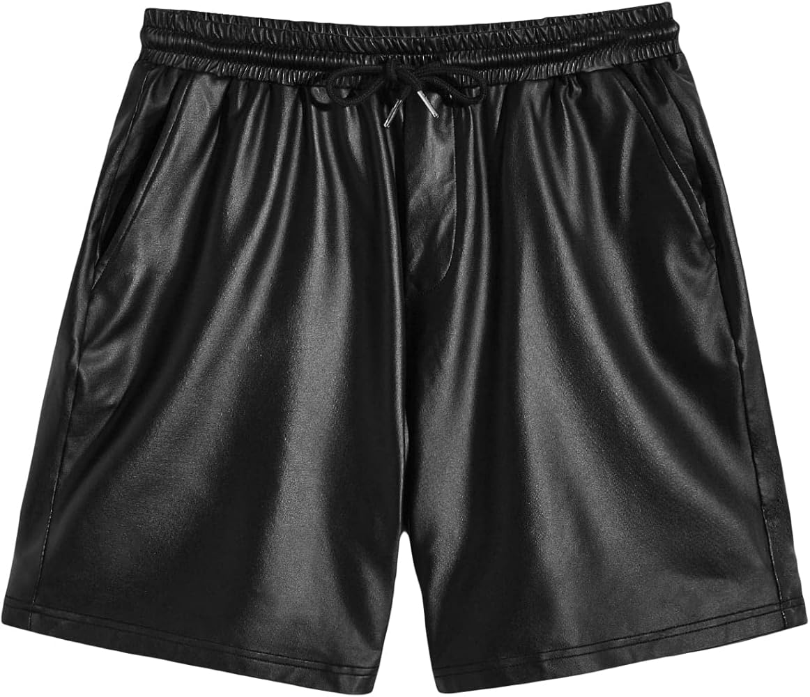 GORGLITTER Men's PU Leather Shorts Drawstring Waist Straight Leg Short Pants