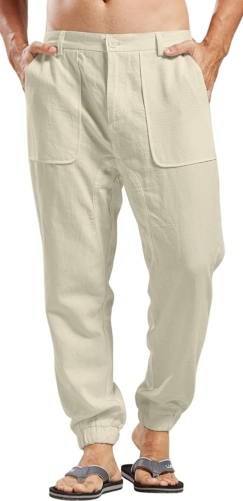 utcoco Linen Pants Men Casual Relaxed Fit Summer Beach Jogger Yoga Pants