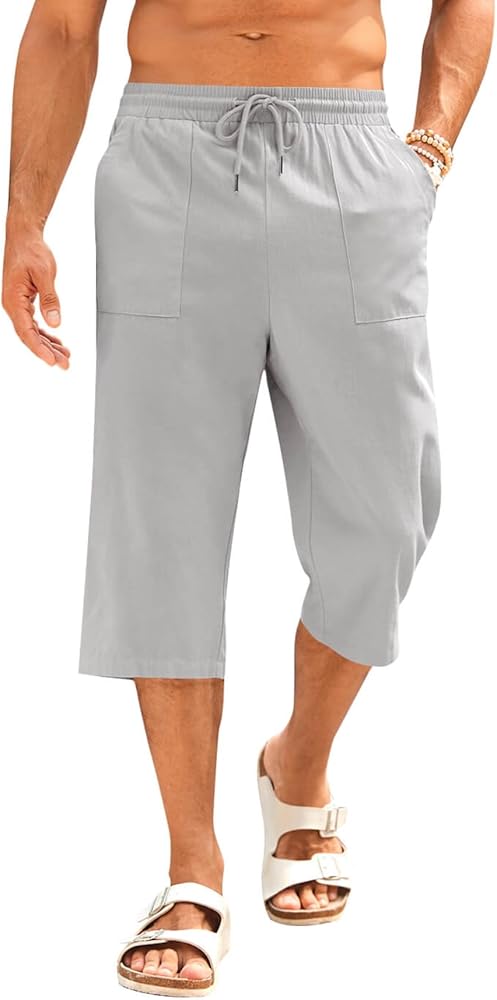 PASLTER Men's Linen Capri Pants Casual Lightweight 3/4 Pants Elastic Waist Drawstring Beach Yoga Shorts with Pockets