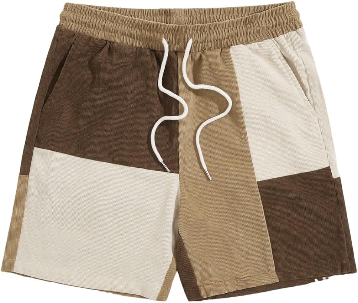 WDIRARA Men's Colorblock Drawstring Waist Corduroy Casual Shorts with Pockets