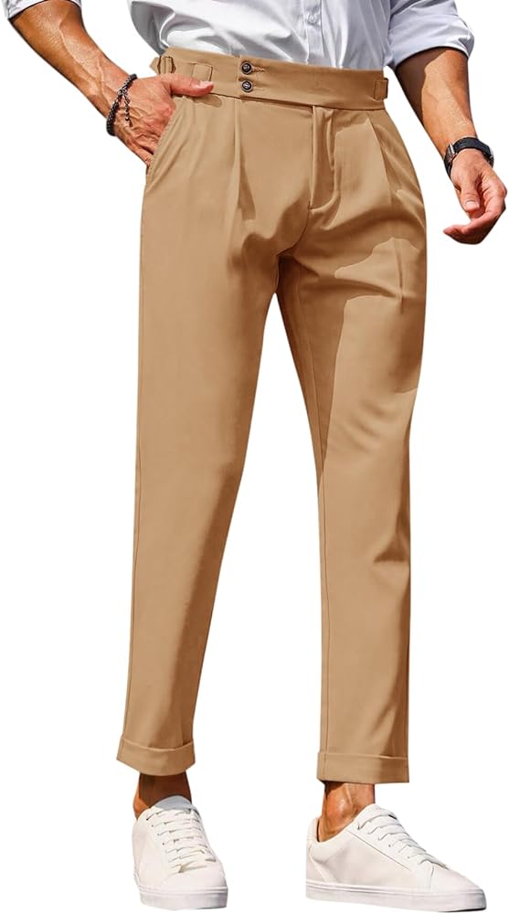 PASLTER Mens Chinos Pants Slim Fit Tapered Cotton Dress Cropped Pants