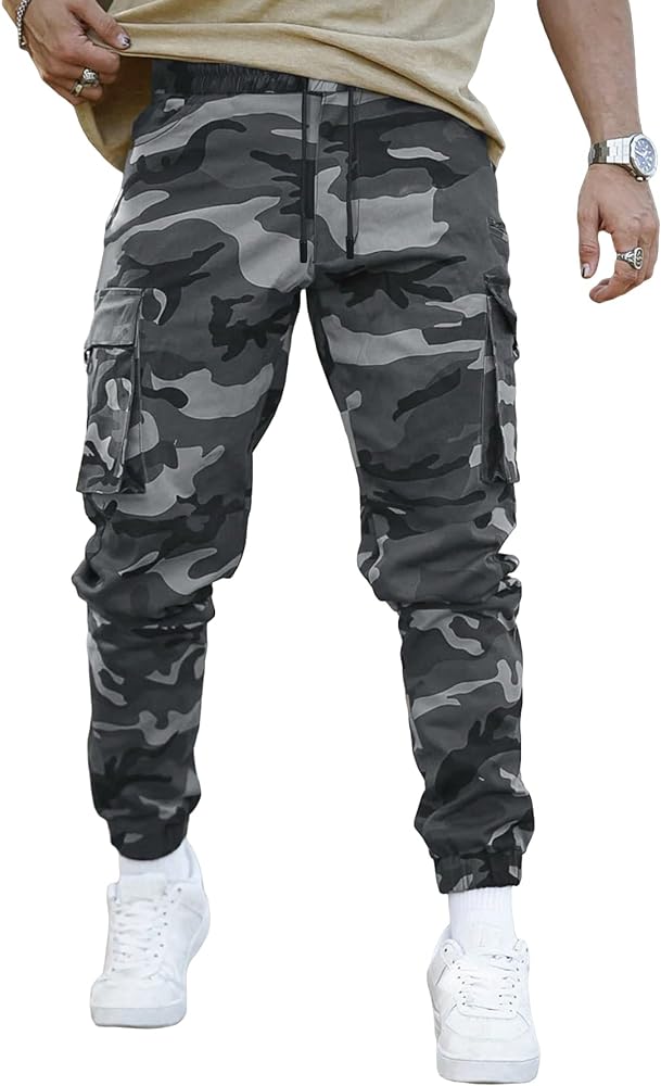 WDIRARA Men's Camo Print Drawstring High Waist Cargo Pants Streetwear Joggers with Pockets