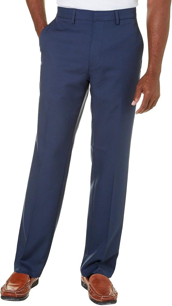 Haggar Men's Solid Gabardine Expandable Waistband Flat-Front Pant