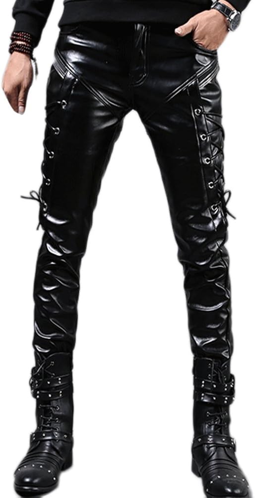 Men`s Rock Steampunk Lace Up PU Leather Pants Slim Fit