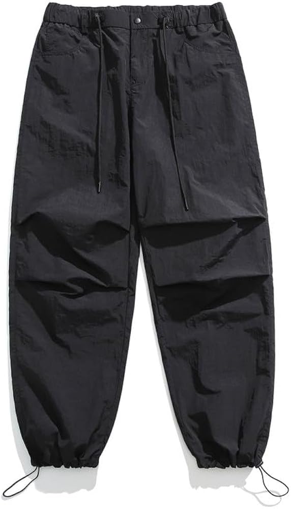 Men's Cargo Pants, Casual Parachute Baggy Drawstring Pants, Elastic Waist Hiking Hip Hop Joggers with Pockets